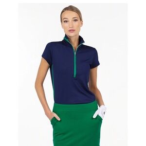 Inphorm NYC Athletic Top Women Size XS Navy Blue Green Quarter Zip Golf Polo‎